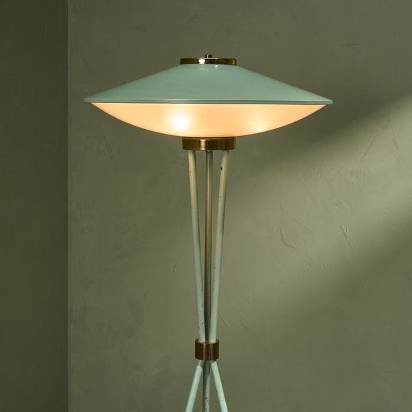 Sage Green Lacquered Floor Lamp with Brass Details for Stilnovo, Italy, 1955