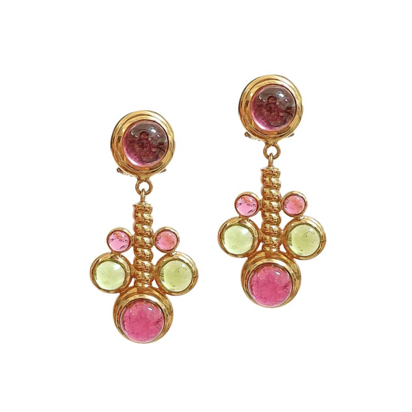 14k Italian Yellow Gold Pink & Green Tourmaline Cabochon Drop Earring