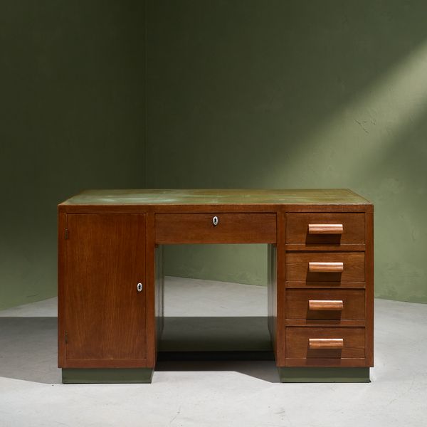 Desk in Oak with Green Linoleum Top and Base, Italy 1940s
