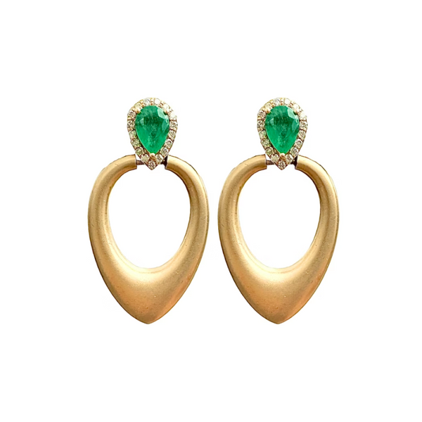 14k Brushed Yellow Gold Pear Emerald and Diamond Earrings