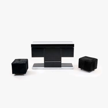 Drybar Set in Black Lacquer with Chrome Detailing and Cowhide Upholstery by Willy Rizzo, 1970