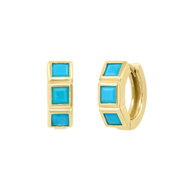 14k Yellow Gold Turquoise Princess-Cut Huggies