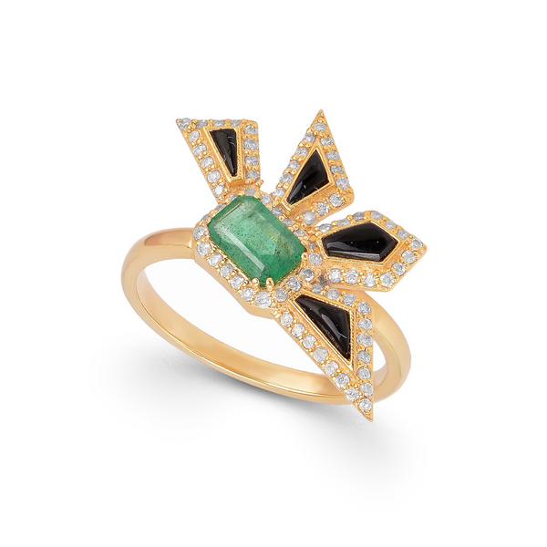 14k YG Emerald, Black Enamel Ring