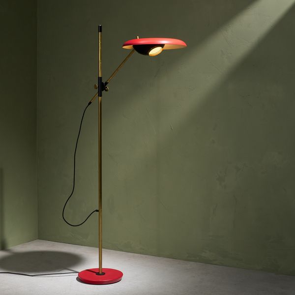 Rare 'Lens' Floor Lamp, Model 555T, in Brass with Red Shade by Oscar Torlasco, Italy 1960s