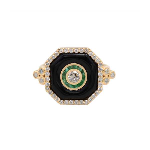 14k YG Black Enamel Emerald Diamond Ring