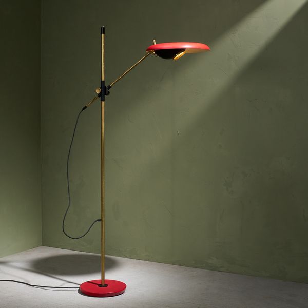Rare 'Lens' Floor Lamp, Model 555T, in Brass with Red Shade by Oscar Torlasco, Italy 1960s