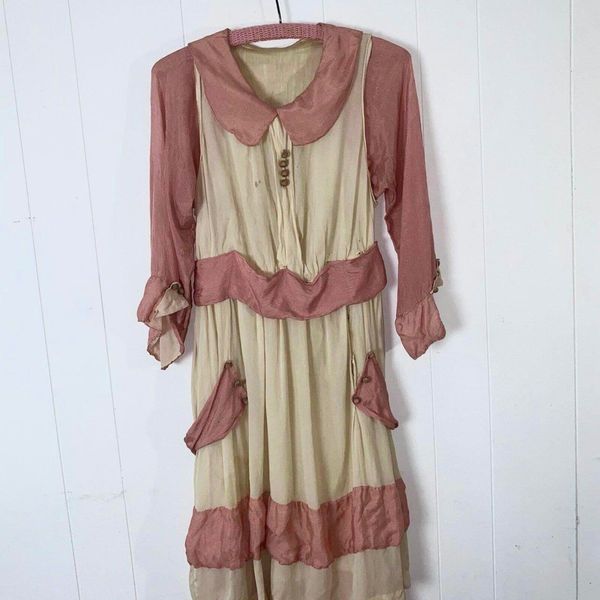 Antique Edwardian ivory sheer crepe silk chiffon and lustrous pink pinstripe dress