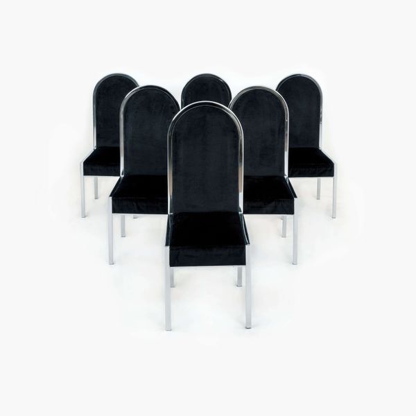 Set of Six Italian Dining Chairs with Chrome Frame and Black Velvet Upholstery, 1970