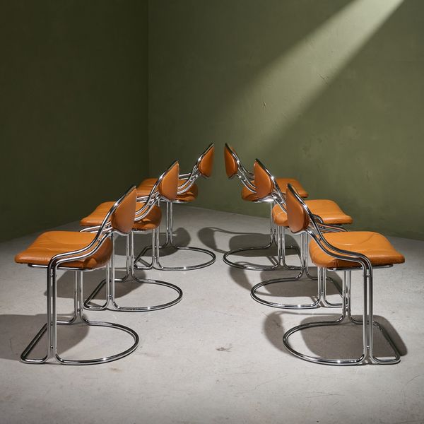 Cognac Leather Dining Chairs with Tubular Chrome Frame and Cognac Leather Seating, Italy 1970s