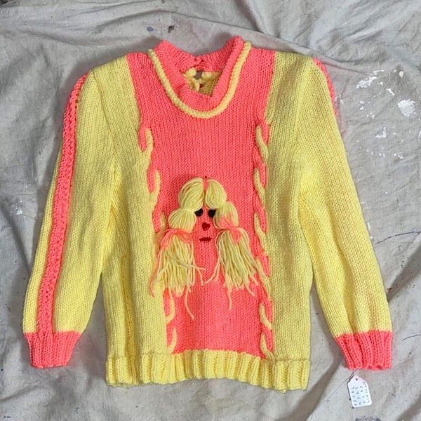 One of a kind folk art piece! True vintage #Handmade #Handknit #Chunky #Sweater with Yarn and Embellished Appliqués