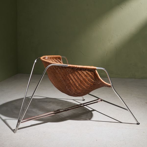 'Coqueta' Chair in Stainless Steel by Pete Sans, Wicker and Leather, Spain 1980s