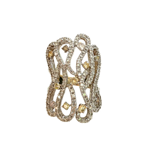 18k White Gold White & Yellow Diamond Filigree Lace Ring