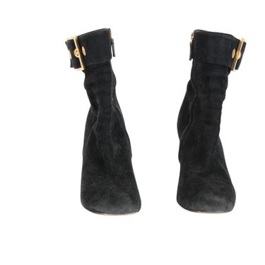 Gucci Black Suede Gold Buckle Ankle Boots 