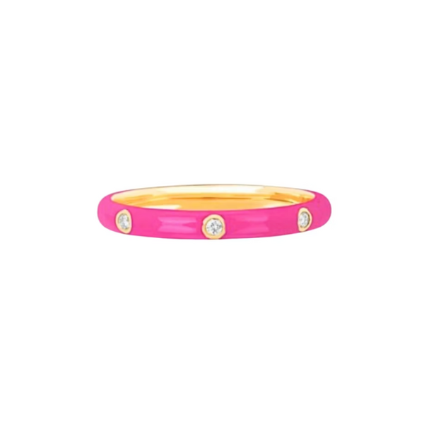 EF Collection 14k Yellow Gold Ultra Bubble Gum Pink Triple Diamond Enamel Ring