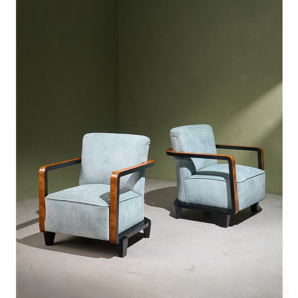 Pair of Art Deco Lounge Chairs with Burlwood and Ebonized Frame, Italy 1940s