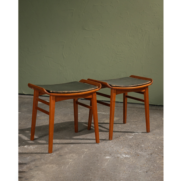 Pair of Teak Stools with Original Black Leather Cushions by P. Jensen, Denmark, 1960s
