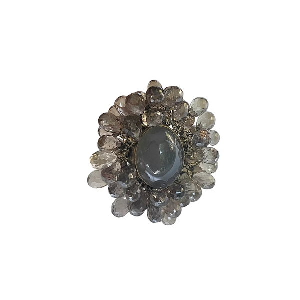 Labradorite Cabochon and Smokey Quartz 18k Yellow Gold Shaker Ring