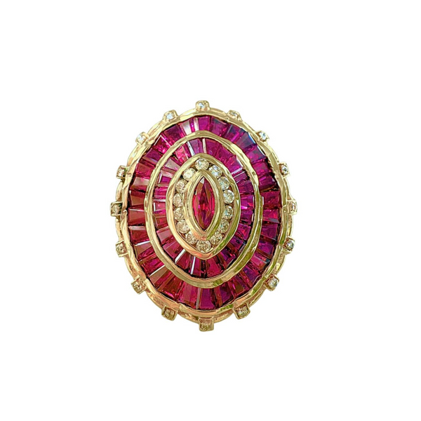 Vintage 18k Yellow Gold Ruby & Diamond Marquise Baguette Cocktail Ring