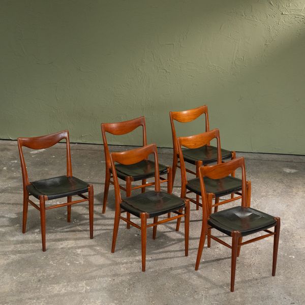 Set of 6 Dining Chairs in Teak & Original Black Leather by Rolf Rastad & Adolf Relling for Gustav Bahus, 1950s