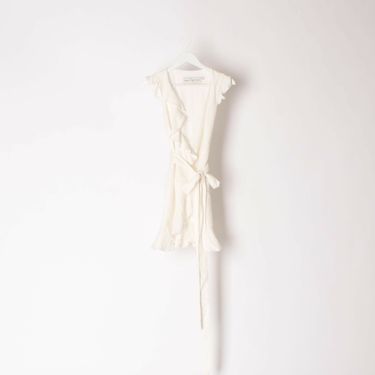 FAME AND PARTNERS Tiffany Mini Wrap Dress W/ Ruffles in White Linen