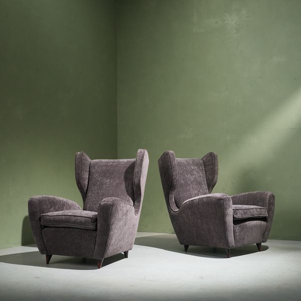 Pair of Reupholstered Lounge Chairs by Melchiorre Bega, Charcoal Dedar 'Belsuede'  fabric, Italy 1950s
