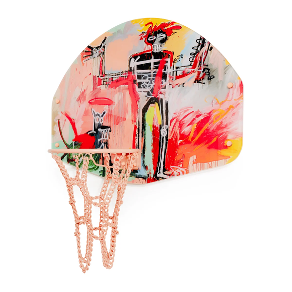 BOY AND DOG IN A JOHNNYPUMP BASKETBALL HOOP