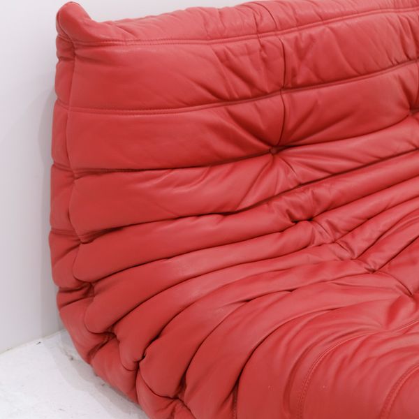 Red Leather Togo Loveseat by Michel Ducaroy for Ligne Roset