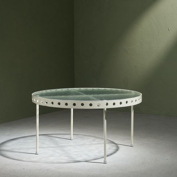Circular Coffee Table in White Lacquered Steel and Glass top by Janni van Pelt for MyHome, The Netherlands 1950s