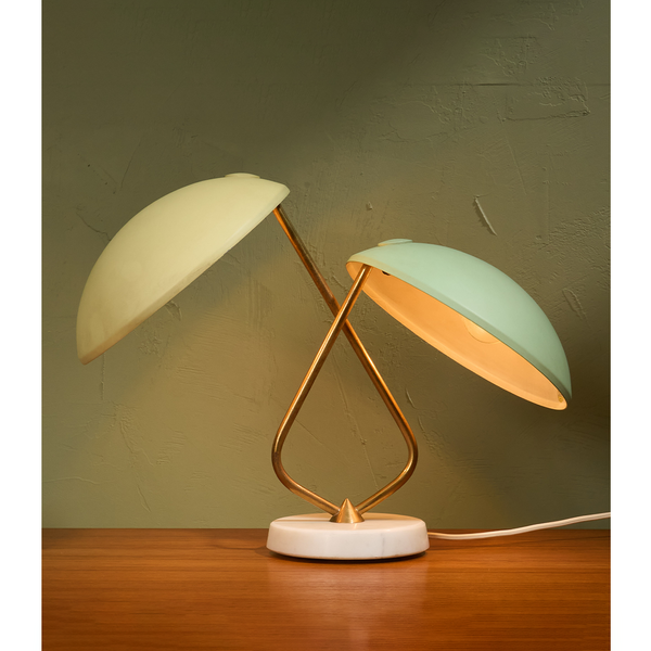 Table Lamp with 2 Shades in Pastel Yellow and Green with Brass Details for Stilnovo, Italy 1950s