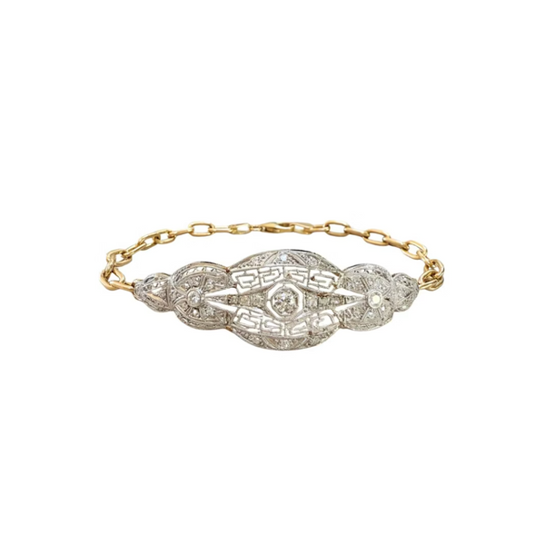 Antique Platinum and 14k Yellow Gold Diamond Filigree Bracelet