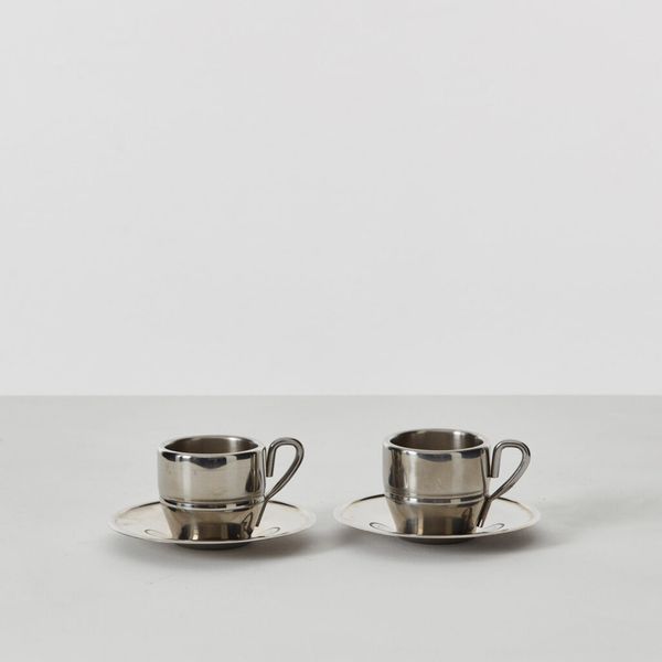 Pair of Stainless Steel Espresso Cups and Saucers