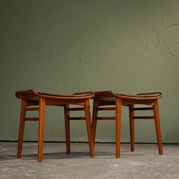 Pair of Teak Stools with Original Black Leather Cushions by P. Jensen, Denmark, 1960s