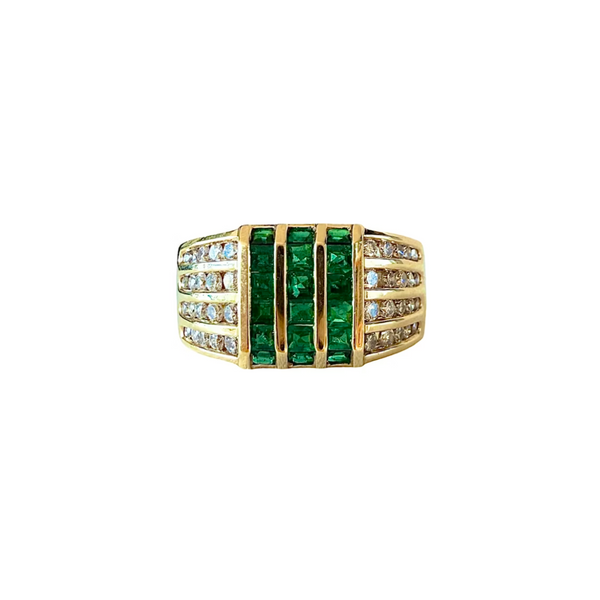 Vintage 18k Yellow Gold Channel Set Diamond and Emerald Ring