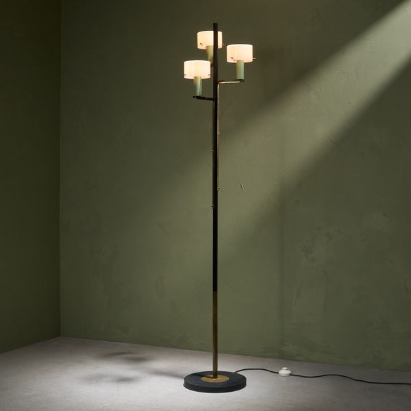 Floor Lamp with 3 Shades in Green, Brass with Opaline Shades, Italy 1960s