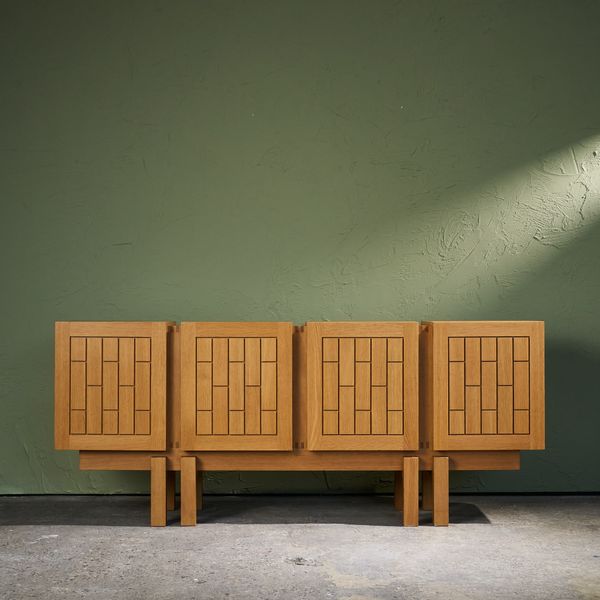 Brutalist Sideboard with Geographic Details in Solid Oak, France