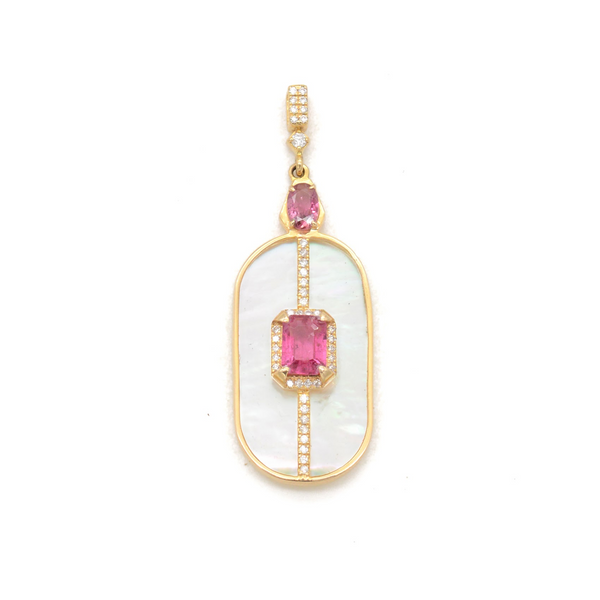 14k YG Mother of Pearl Pink Tourmaline Diamond Pendant