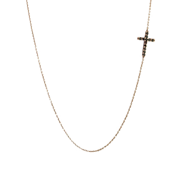 Roseark 14k Rose Gold Black Diamond Sideways Cross Necklace