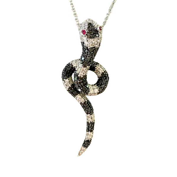 Black & White Diamond Snake Necklace with Ruby Eyes