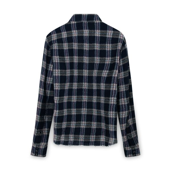 Saint Laurent Navy Raw Hem Plaid Print Button Up