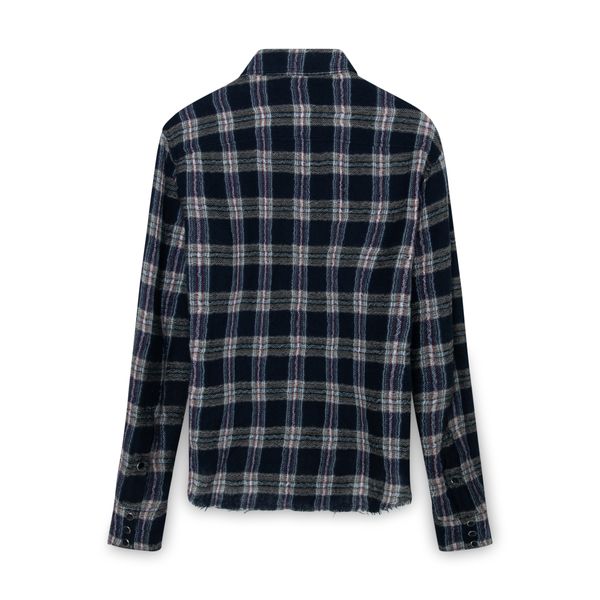 Saint Laurent Navy Raw Hem Plaid Print Button Up 