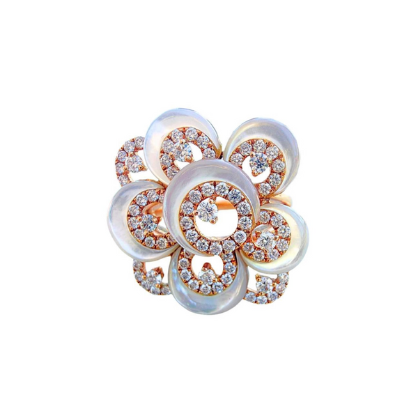 Vintage 18k Rose Gold Diamond & Mother of Pearl Flower Ring