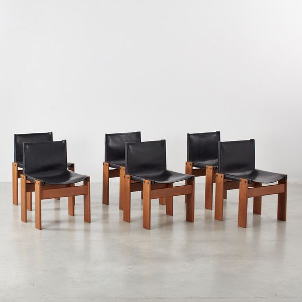 Afra & Tobia Scarpa Set of Six Black Leather 'Monk' Chairs, Italy, 1974