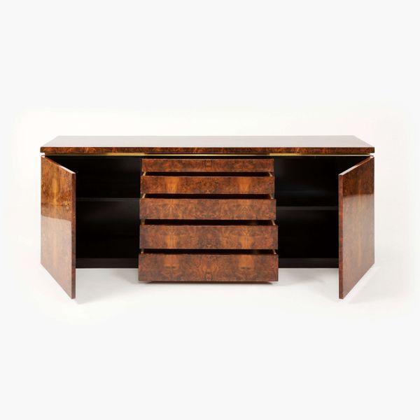 Lacquered Burl Sideboard with Gilded Profiles by Jean-Claude Mahey, 1970