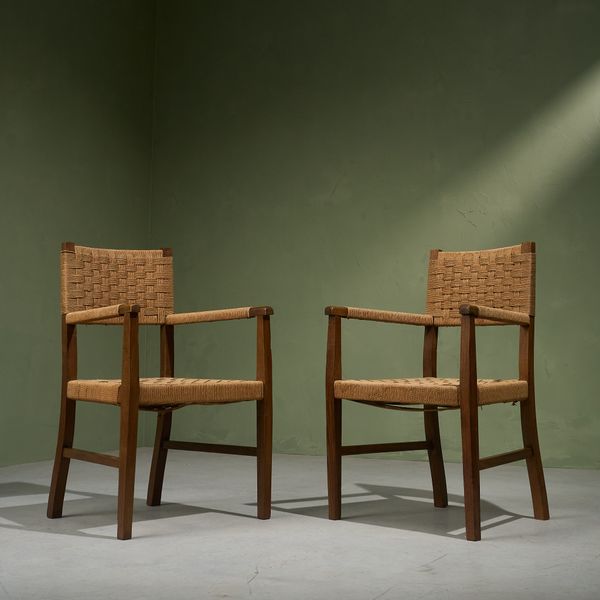 Pair of Arm Chairs with Oak Frame and Seagrass Webbing, Italy 1940s