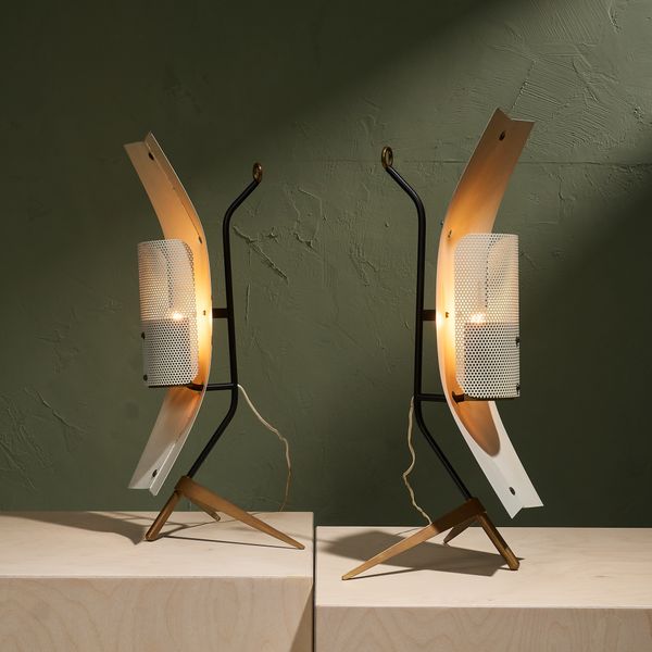 Pair of Sculptural Table/Wall Lamps In Brass and Perforated Metal by Gastone Colliva, Italy, 1950s