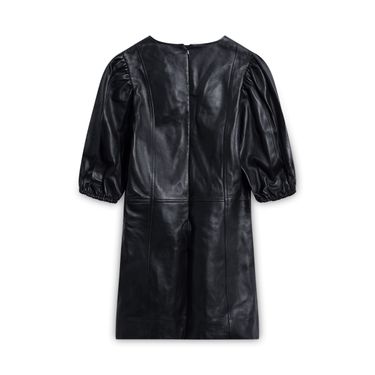 GANNI Puff-Sleeve Lambskin Leather Mini Dress - Black