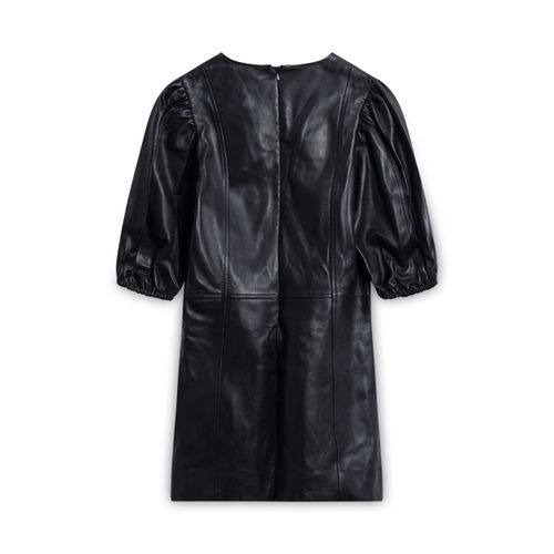 GANNI Black Puff-Sleeve Lambskin Leather Mini Dress