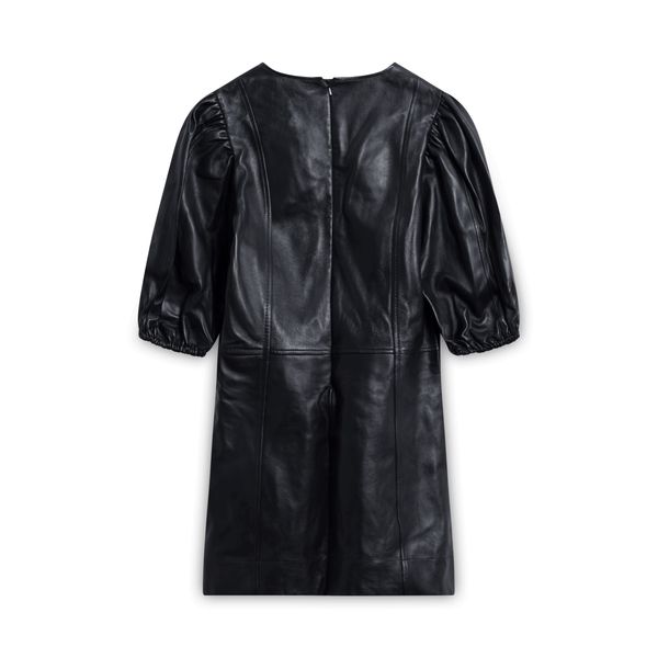 GANNI Black Puff-Sleeve Lambskin Leather Mini Dress