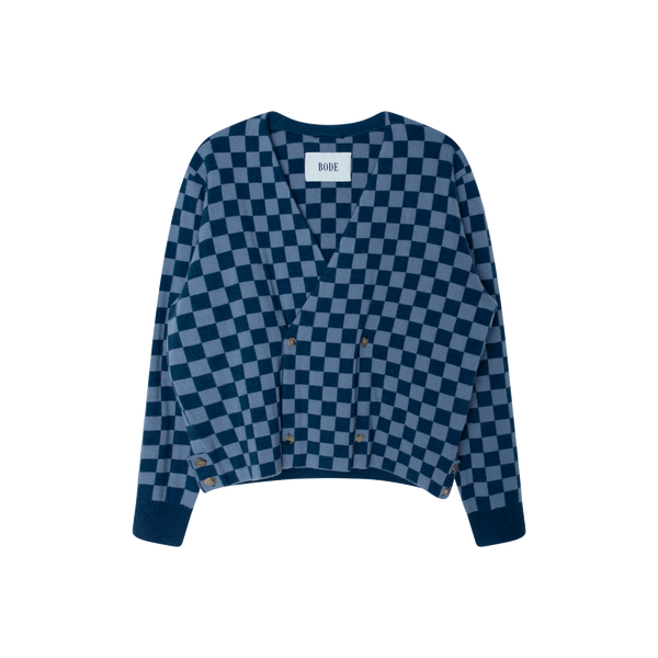 BODE Blue Duotone Checkerboard Cardigan