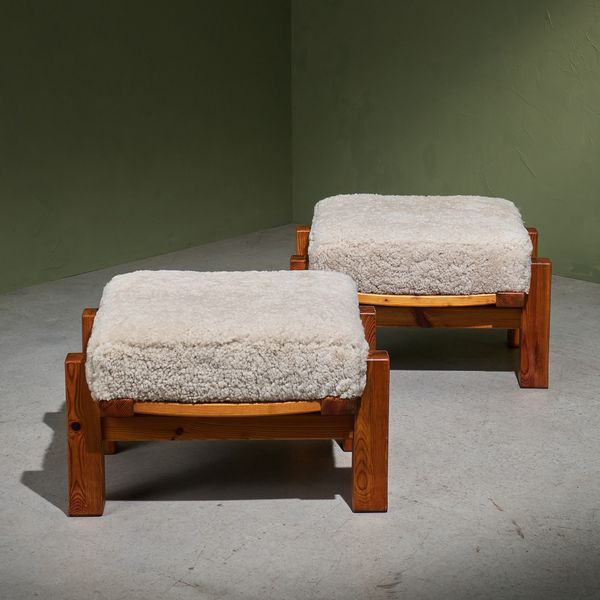 Pair of Large Ottomans in Solid Pine and Sheepskin Cushion, Sweden, 1950/1960s